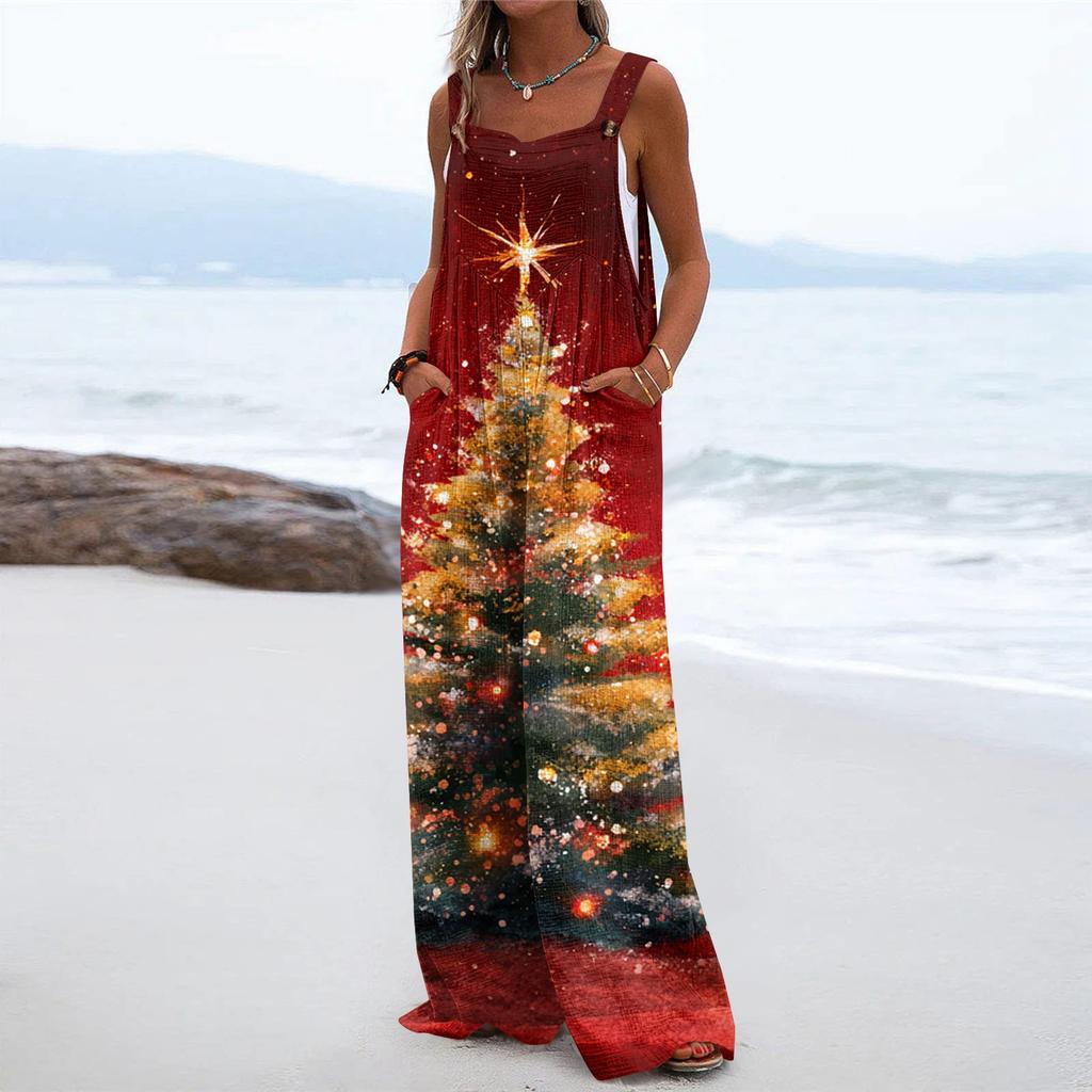Women's Christmas Print Solid Wide Leg Strapless Tank Pocket Casual Onesie