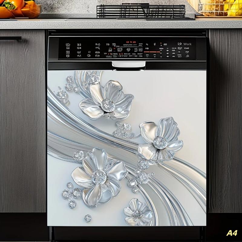 Silvery Floral Decal Kitchen Fridge Dishwasher Sticker Self-Adhesive Removable Wall Decals Home Decor