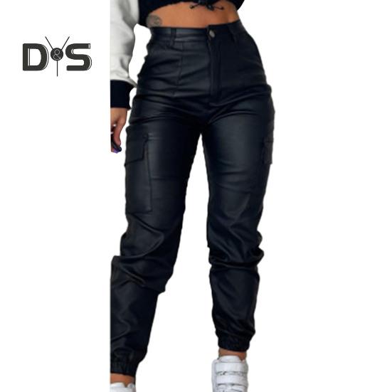

Женские брюки из искусственной кожи, гладкие, мягкие, дышащие, с высокой эластичной талией, с карманами на щиколотках, застежкой-молнией и пуговицами, облегающие брюки для мотоциклистов L чёрный