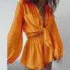 Summer 2023 Women's Casual Fashion Solid Color Ruffled Long Sleeve Shorts Set
