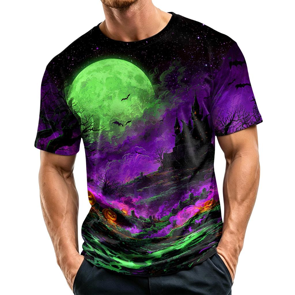 Men's Casual Printed Crew Neck Lightweight Breathable Short Sleeve Top Halloween Themed Graphic Tee for Everyday Wear