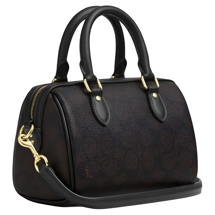 Coach Brown Signature Canvas Mini Boston Duffle Bag with Heart Charm & Gold Hardware for Daily Use