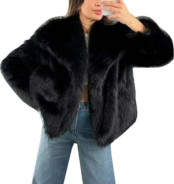 Women's Eco-Friendly Faux Fox Fur Lapel Coat - Short, Loose Fit for Winter 2025.