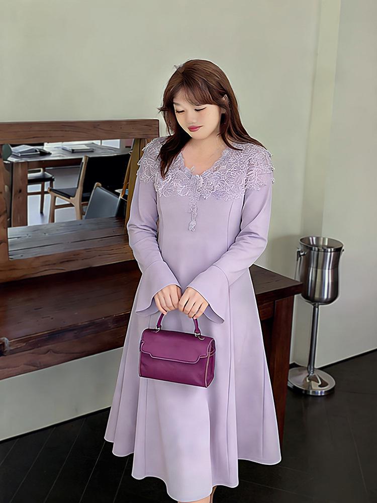 Plus Size Women's Elegant Suede Bell Sleeve Dress - Winter 2025 Collection