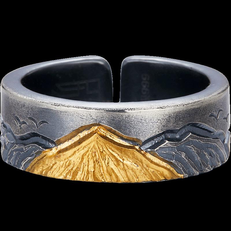 Handcrafted Black Gold Thai Silver Open Ring for Men Stylish Lucky Band adjustable open design