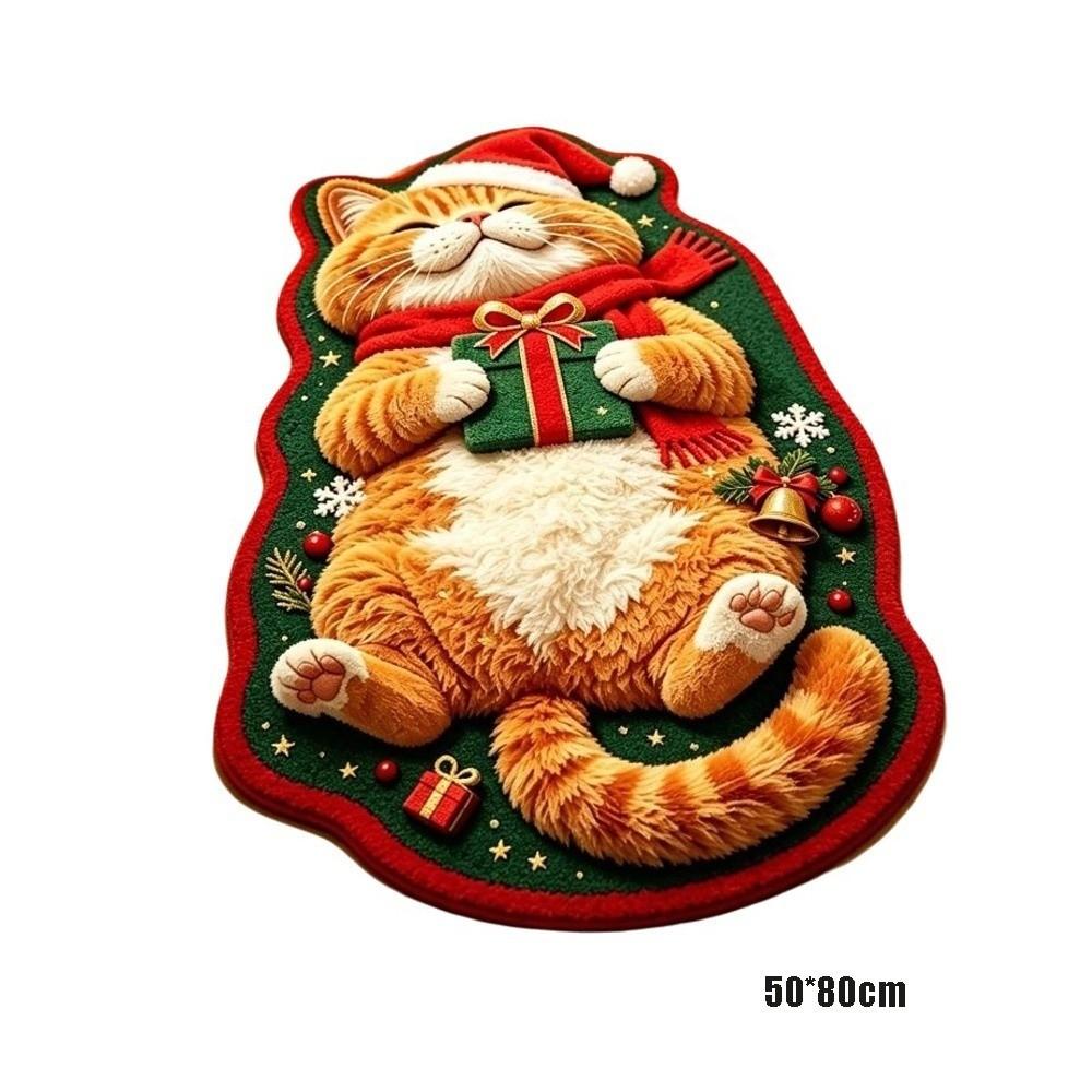 Christmas Theme Pattern Sleeping Cat Floor Mat Plush Cartoon Doormat Carpet for Living Room