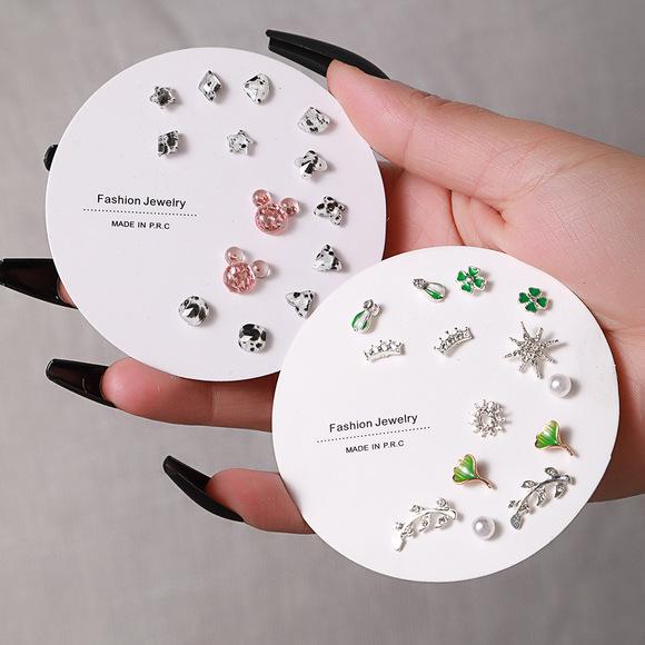 6 Pairs of INS Style Earrings: Alloy Oil Drop, Heart, and Rainbow Designs