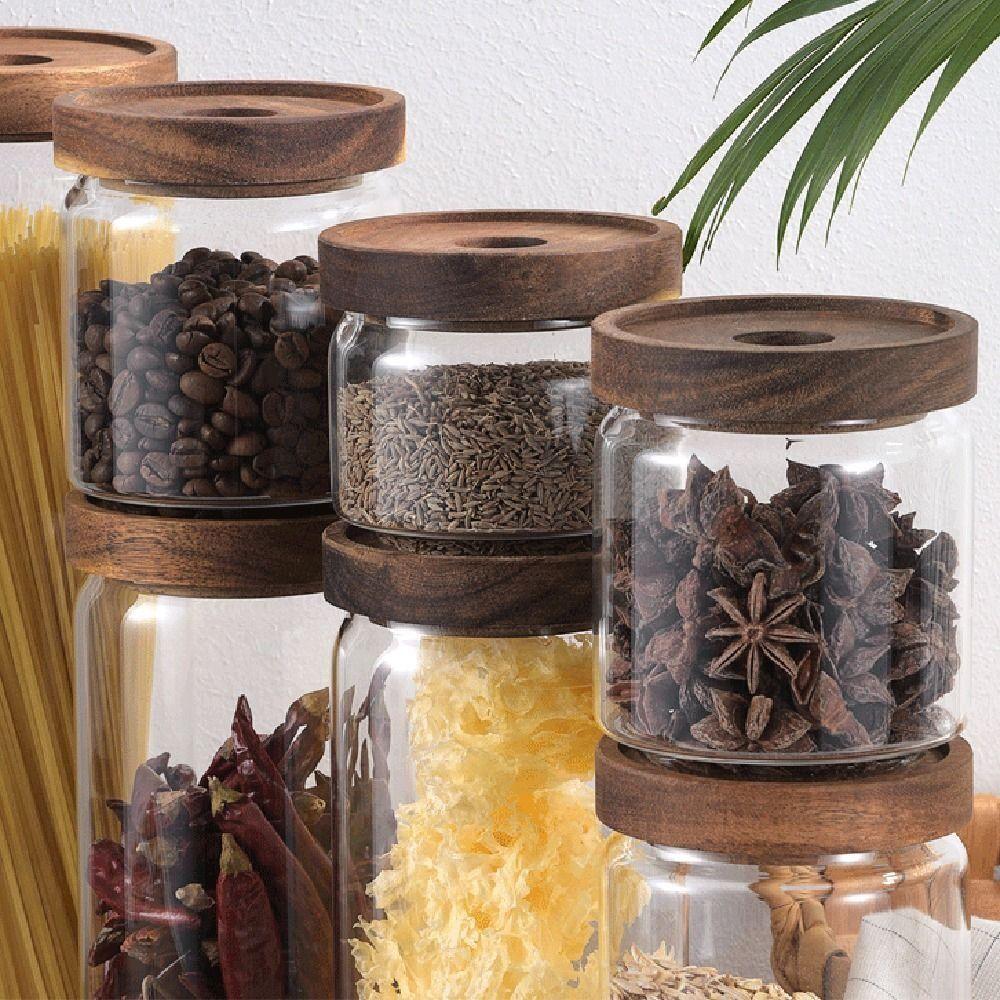 Wooden Lid Glass Food Storage Jar Clear Kitchen Container  Kitchen Accessories