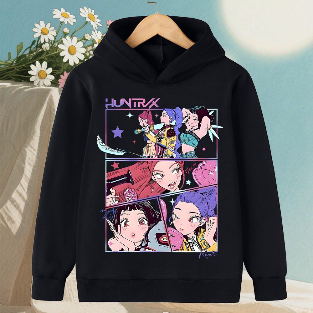 Cute Girls Hooded Sweatshirt Warm Rumi KPop Demon Hunter Cartoon Children's Wave Fashion Casual Tops Casual Black Pink Clothing