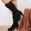Source Frosted velvet spring and autumn women's boots belt buckle high knight boots thick heel shoes speed