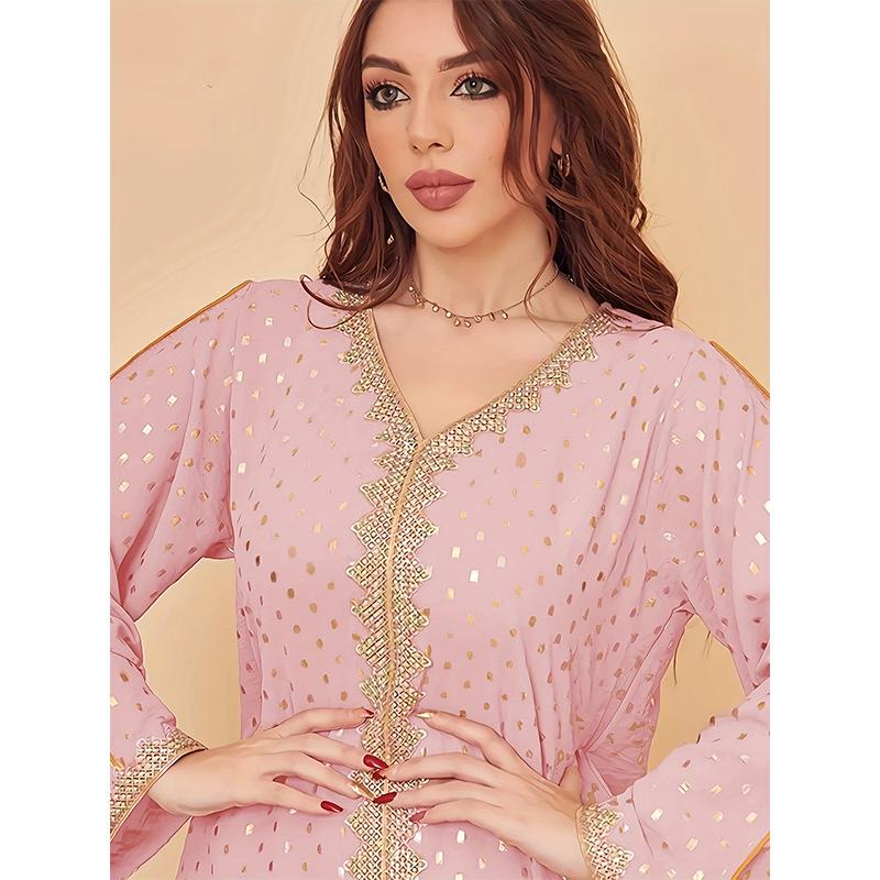 Elegant Gold Stamping Dubai Robe for Women - Middle Eastern & Indonesian Style