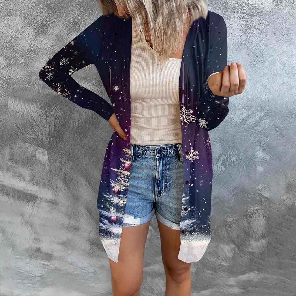 Women's Fashion Casual Long-sleeved Print Medium Length Cardigan Button Jacket Coat