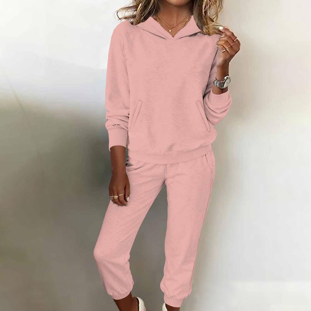 Women's Fashion Two-piece Solid Color Hooded Sweatshirt Trousers Casual Set