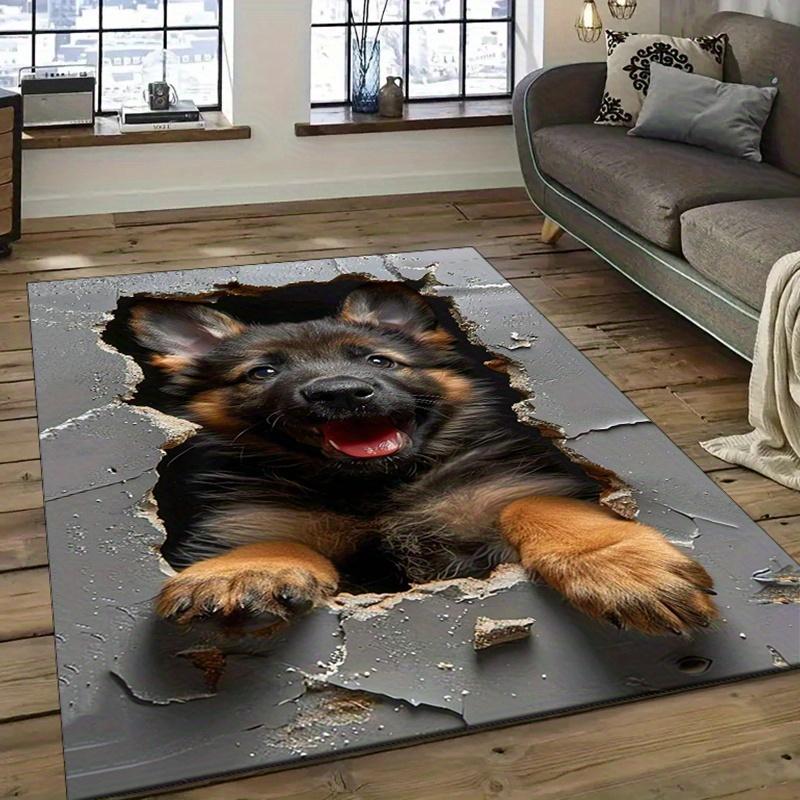 3D German Shepherd Dog Print Non-Slip Rug, Realistic Pet Mat for Living Room Bedroom Home Christmas Decor