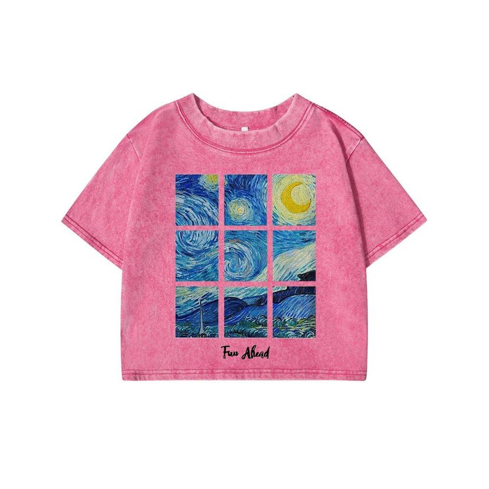 Romantic Starry Sky Painting Printing Women Wash Short Tshirt Breathable Midriff-Baring T-Shirt Distress O-Neck Clothes