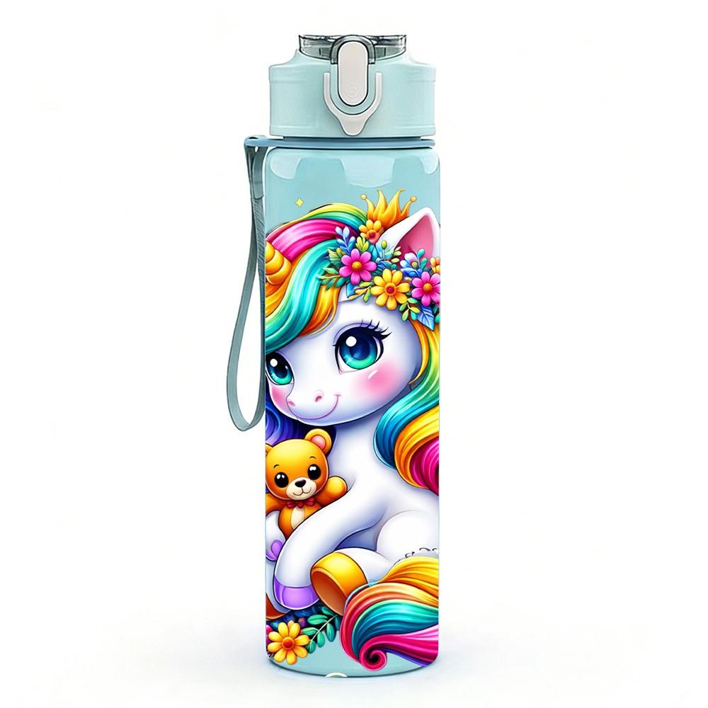1PC Rainbow Unicorn Colorful Fantasy Print 750ml Color Plastic Sports Water Bottle Leakproof Flip Straw Lid Suitable for Sports Office Home Use