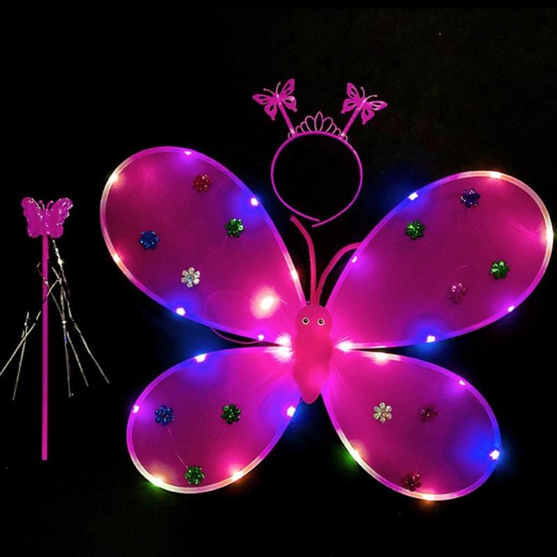 Three Piece Set LED Performance Costume Light Up Wing Sparkles Butterfly Fairy Angel Wing Girls Party Dress Up Cosplays