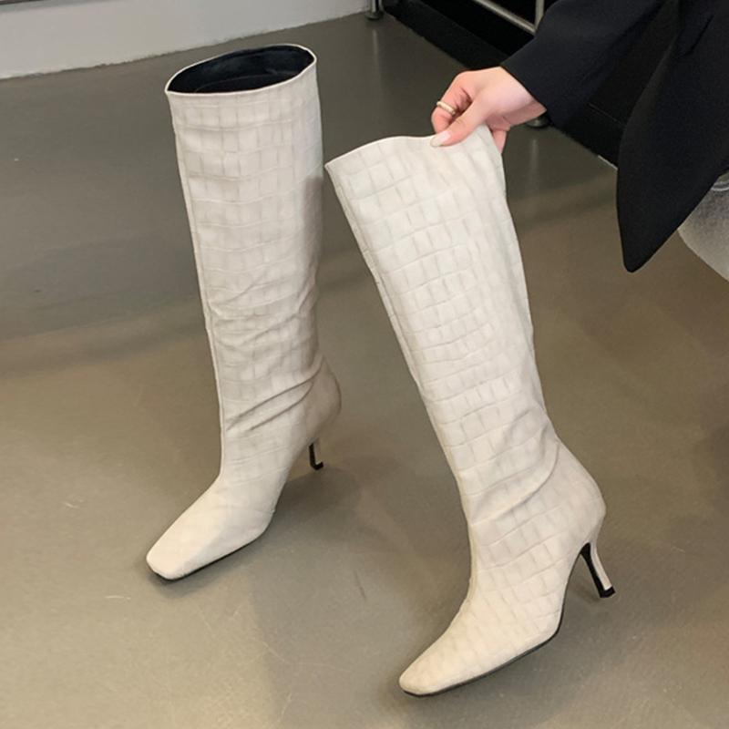 Fashion Liyke Winter Street Style Square Toe Leather Knee-High Women Boots Punk Thin Heels Shoes Female Long Booties Zapatos De Mujer