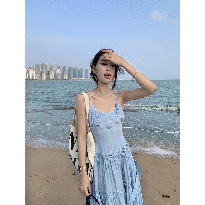 Two-piece suit women's splicing gentle suspender dress women's summer new vacation style seaside fringed blouse