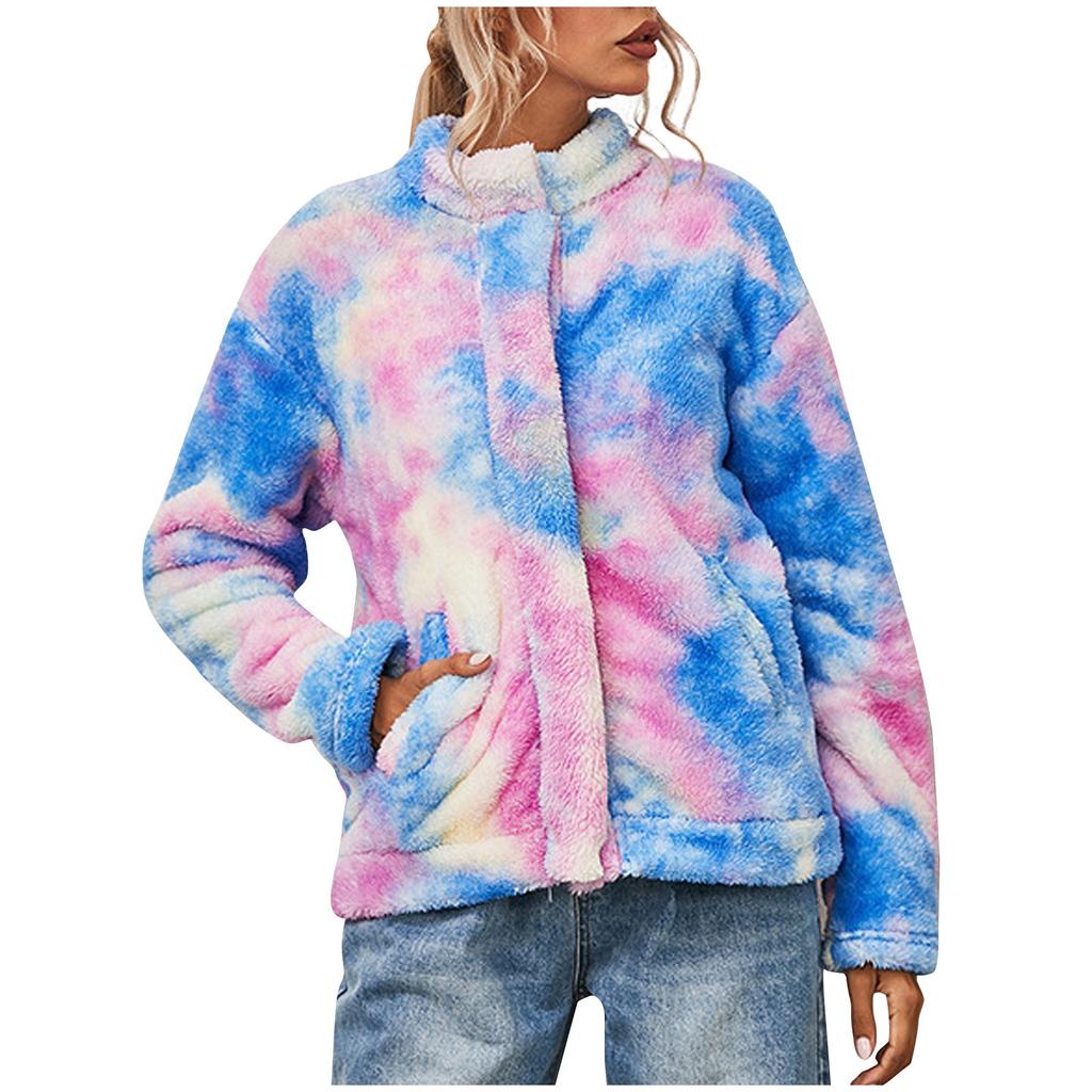 Damer Langermet Dame Tie-dye Trykt Hettegenser Enkeltspent Plysjjakke Kåpe