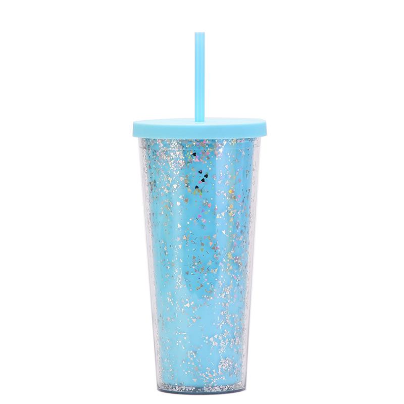 24Oz Double-Layer Plastic Cup Men'S And Women'S Sequined Shallots Glitter Creative Water Cup With Straw