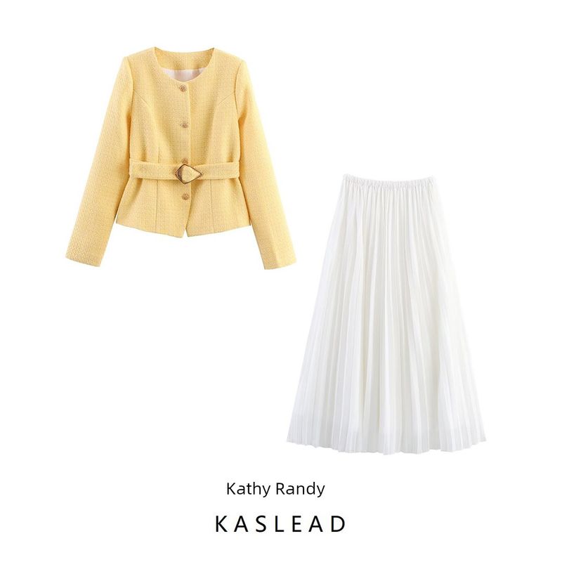 Kaslead New Women clothes Western Style Fashion Simple Graceful Autumn and Winter Sweet Top Skirt Two-piece Set