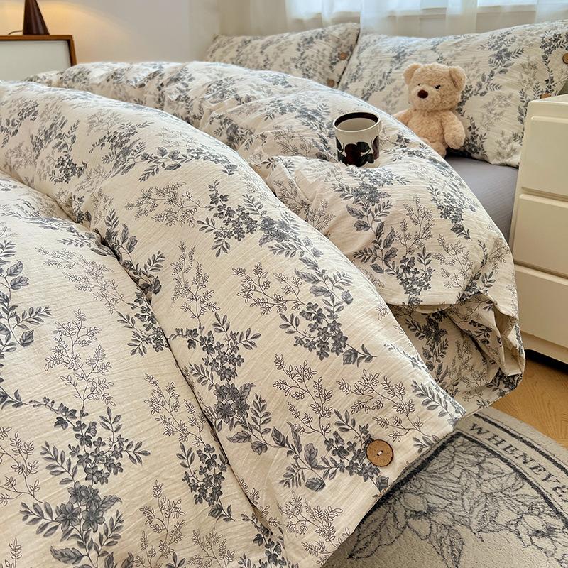 100% Bomull Naturlig Hampa Fyradelat Set - Klass A Tjockt och Lyxigt Retro Knäppt Ren Bomull Örngott och Lakan Set för Sängen.