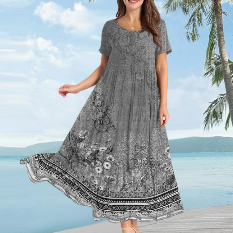 Bohemian Floral Summer Beach Dress Women Casual Loose Long Maxi Swing Short Sleeve