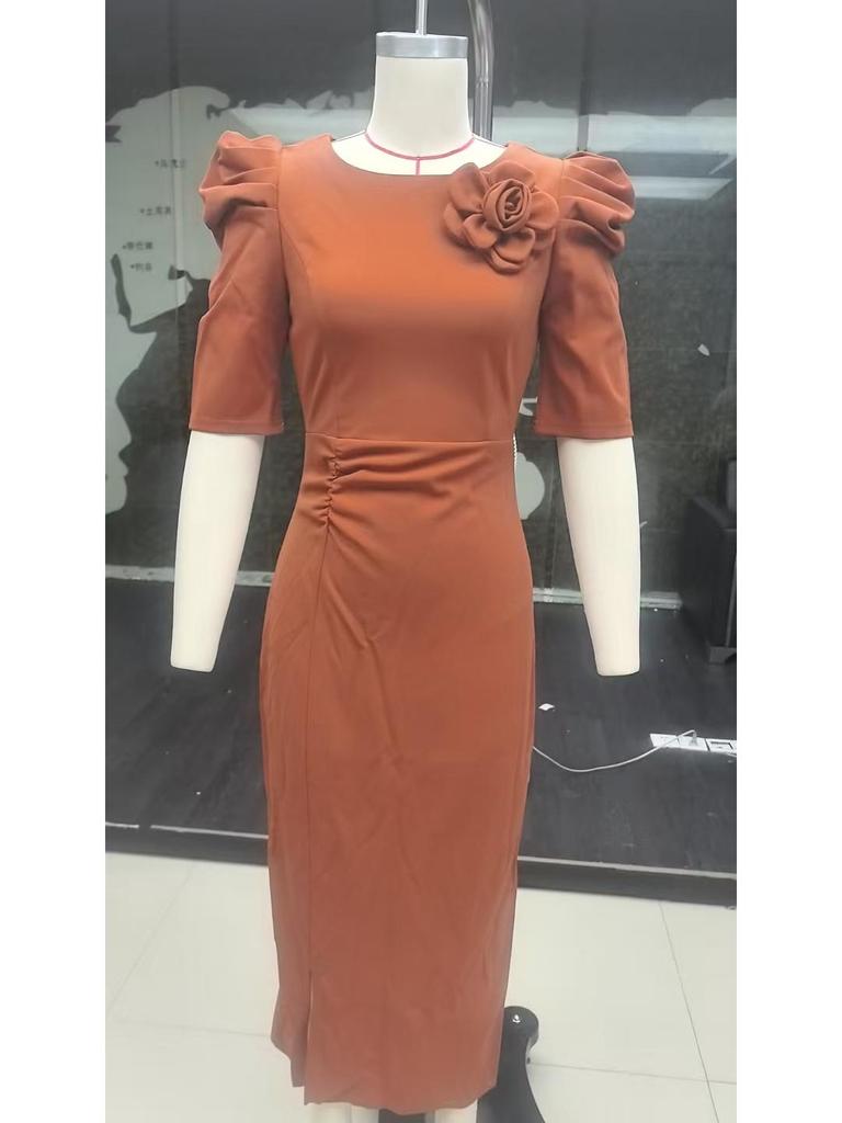 New High-Waisted 3D Floral Short-Sleeve Dress - European & American Style, Slim Fit, Perfect for Evenings & Parties