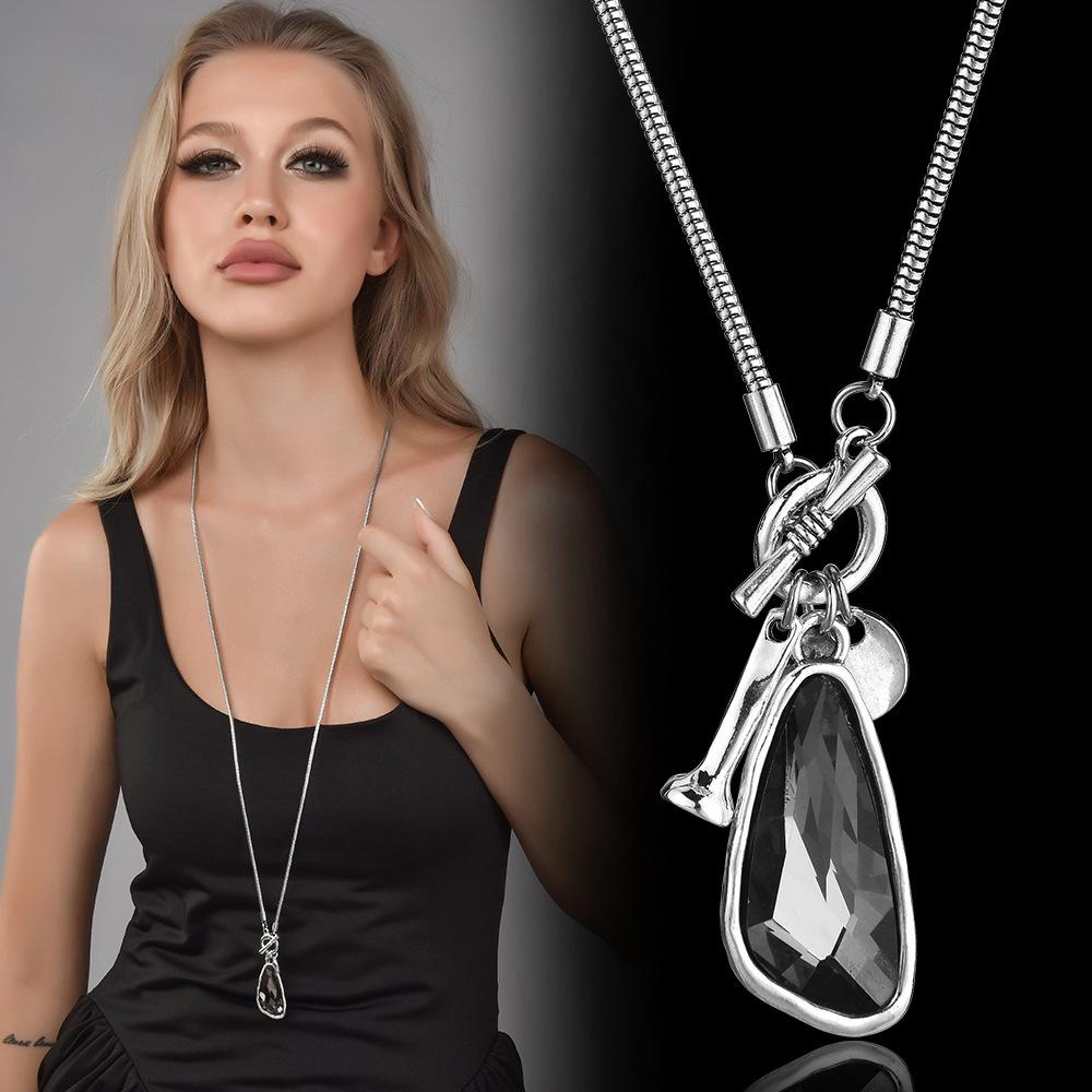 Spanish Light Luxury Fashion Pull TO Buckle Geometric Crystal Trend Pendant Necklace 60CM(Necklace Long)
