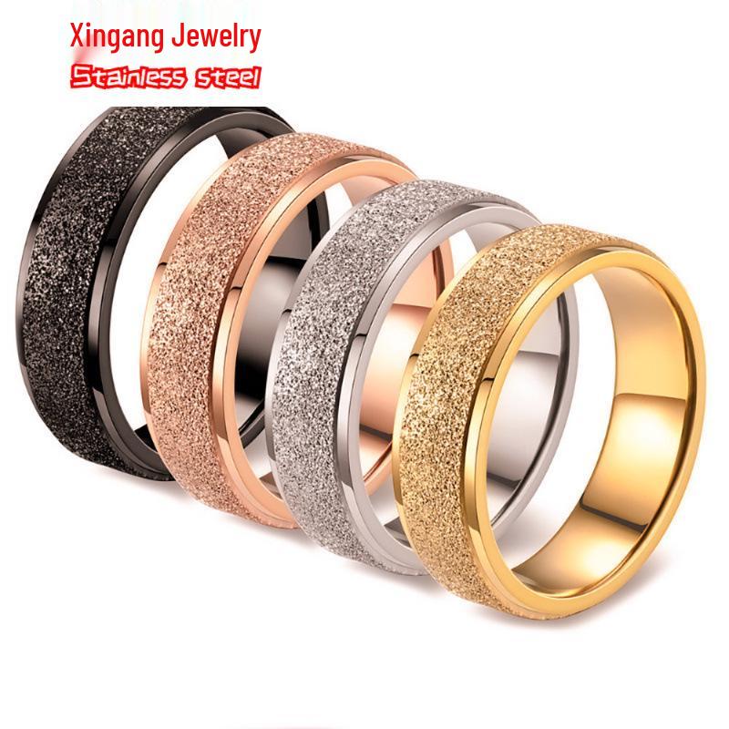 Minimalist European-American Stainless Steel Pearl Diamond Sandblast Ring - Non-Fading, Elegant Design for Couples