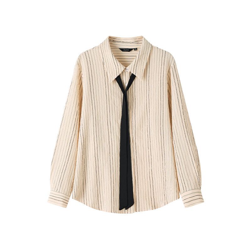 

Plus Size Contrast Color Stripes Texture Casual Tie Shirt Beige Stripes (Ready in Stock) L