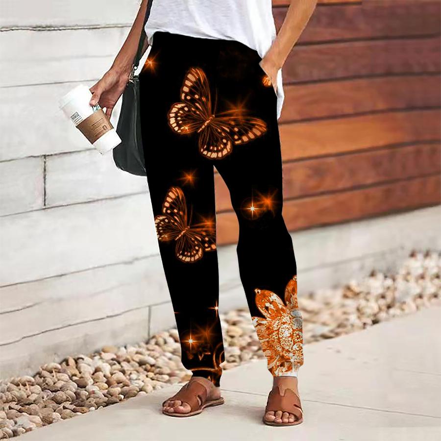 Women Butterfly Printing Pants Lace Up Elastic Waist Loose  Trousers Casual Long Pants Trousers with Pockets