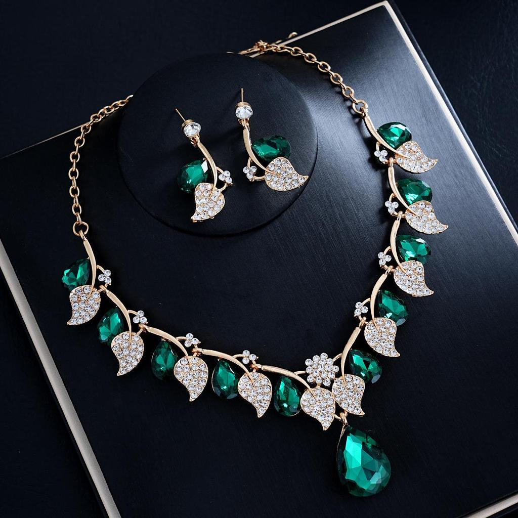 Retro Ethnic Water Drop Gem Necklace & Leaf Jewelry Set for Women