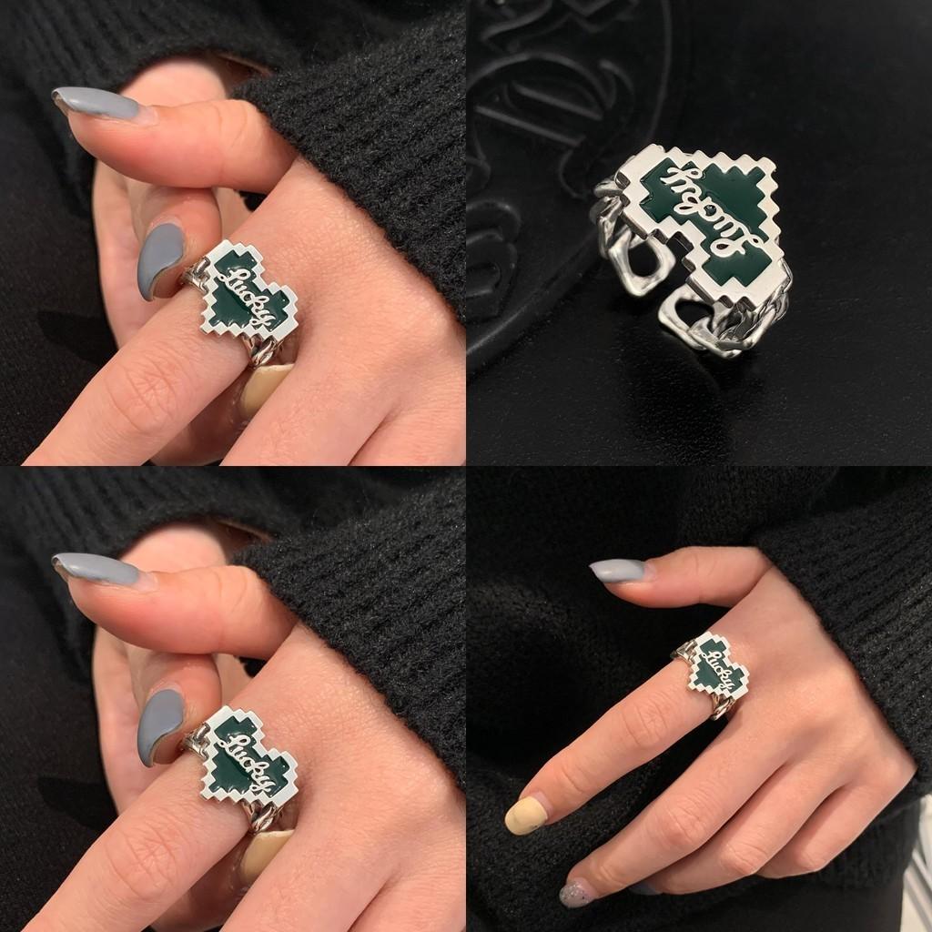 Sterling Stunning S925 Silver Deep Dark Green Mosaic Heart Open Adjustable Ring Women For