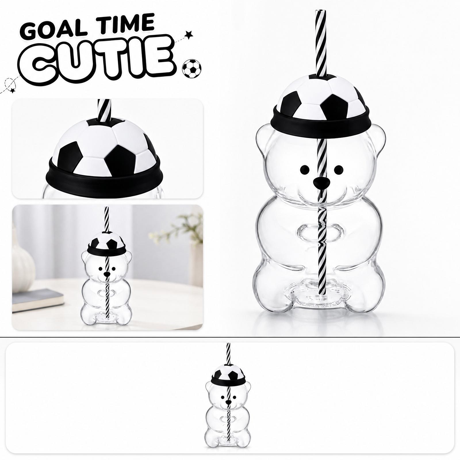 Bear Pattern Glass Straw Cup, Soccer Hat Lid, Reusable Drinking Cup with Straw for Cold Drinks, 16oz Home One Size