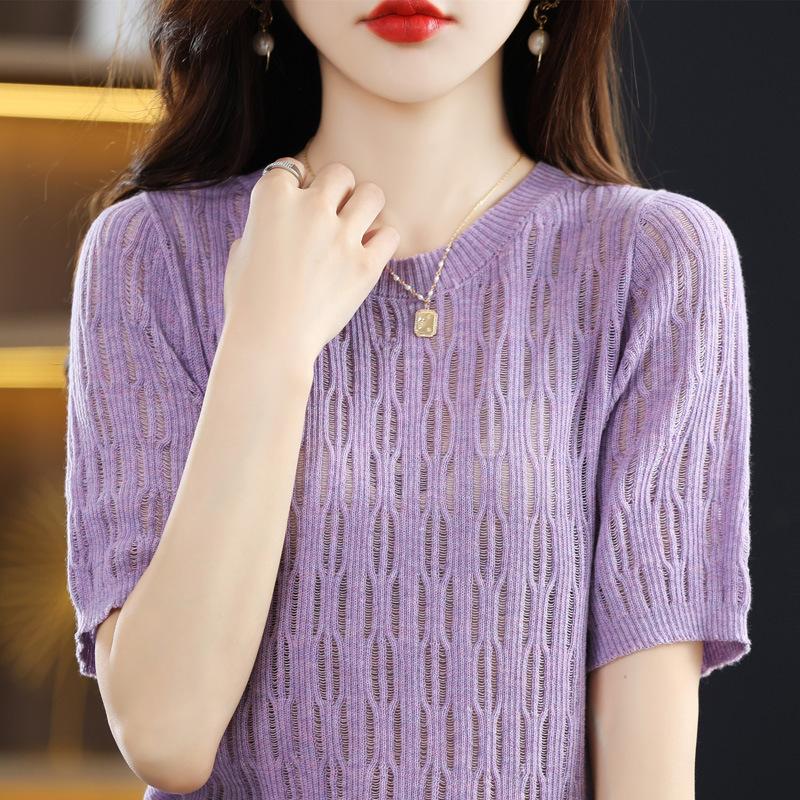 Hollow Hook-up Knitted Short-sleeved Summer Round Neck Pullover Thin Half-sleeved Top T-shirt Fashionable and Versatile Short-sleeved