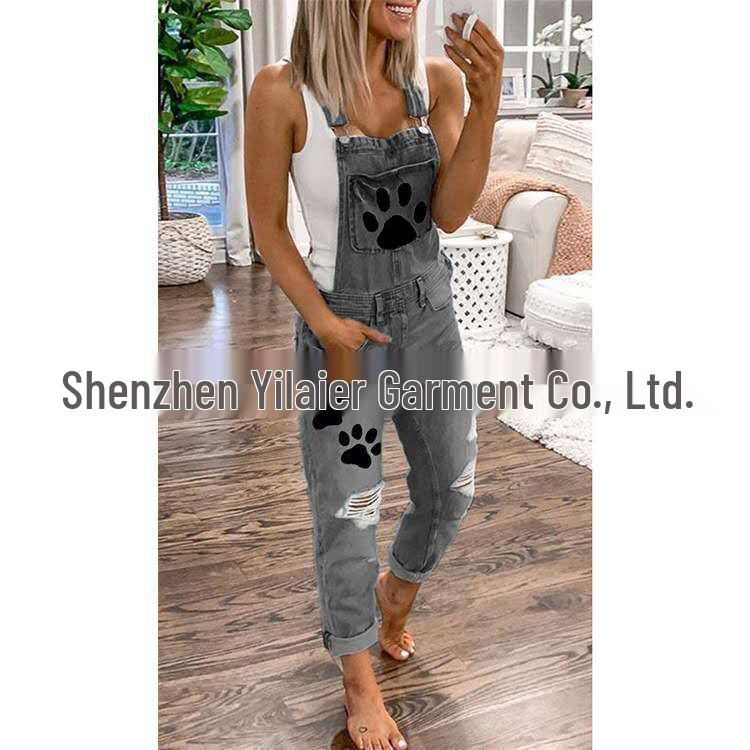 High-Quality Ripped Straight-Leg Printed Women s Overalls - European & American Style M серый