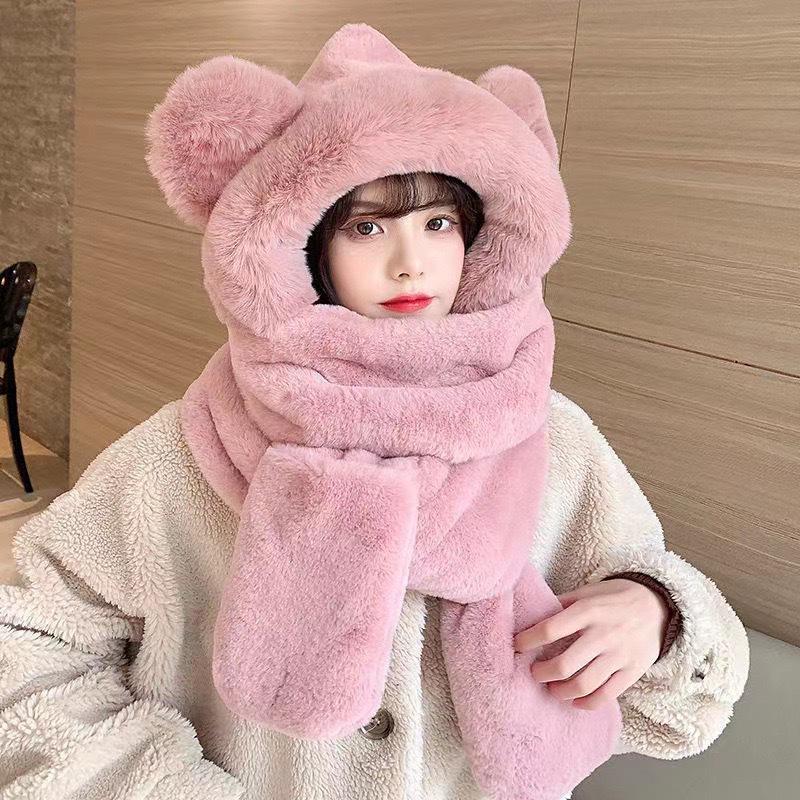 

Women s Bear Hat & Glove Set: Cute Hooded Scarf for Winter Warmth