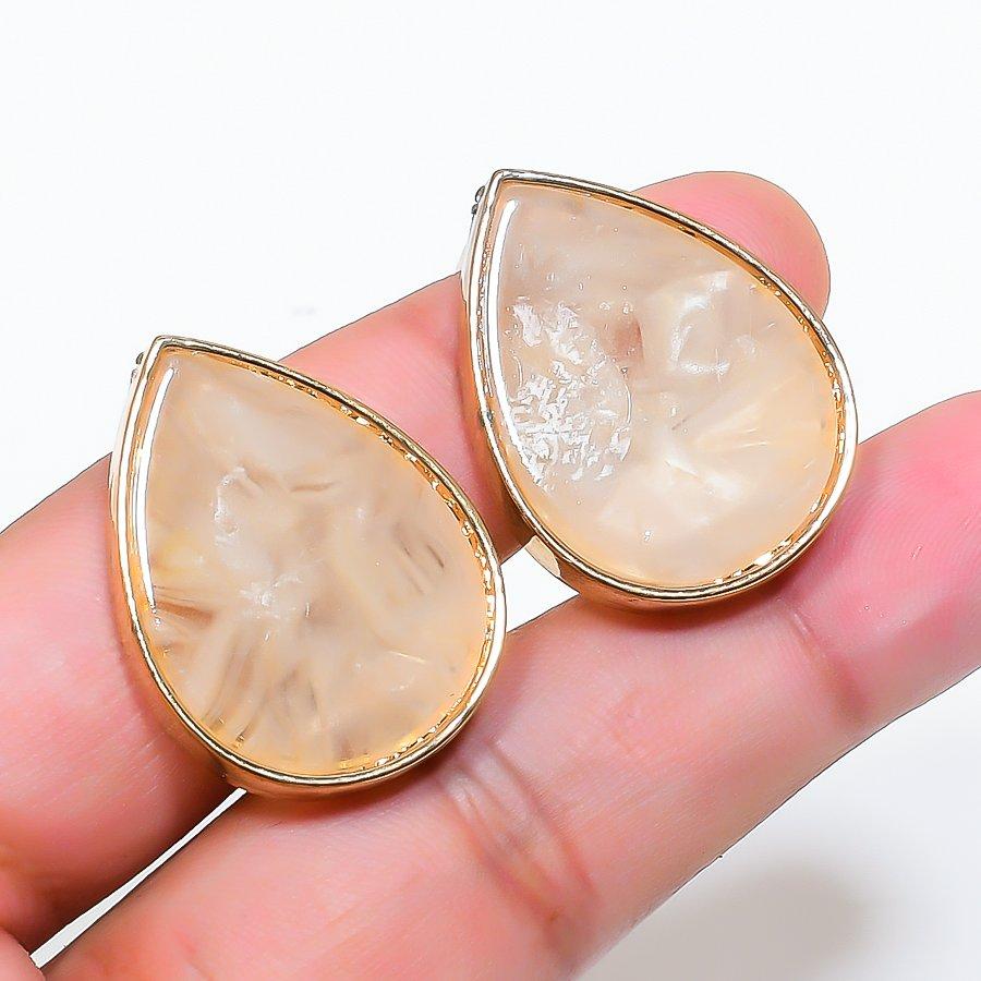 Natural Dendrite Opal Gemstone Brass Jewelry Earring 1.18  RE-5