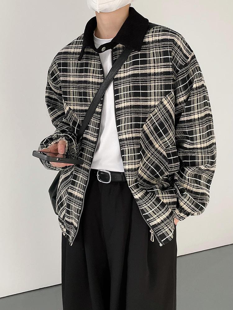 

Корейская ретро клетчатая куртка-пилот для мужчин и женщин - Свободный крой, отложной воротник, тренд верхней одежды весна/осень XXL чёрный