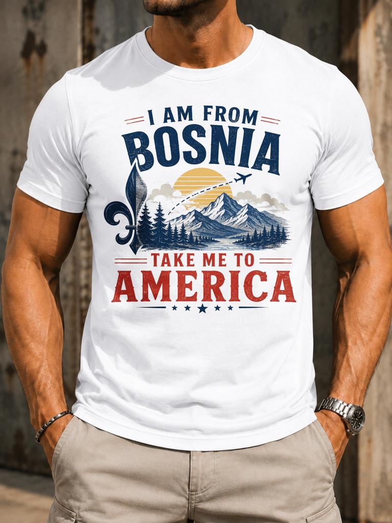 I Am From Bosnia Take Me To America mountain sunset pine trees airplane path rustic travel Unisex All T-Shirt