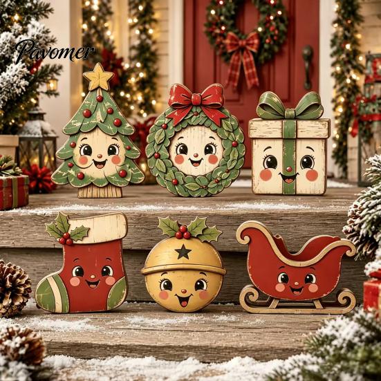 Decorative Christmas Scene Set 6Pcs Wooden Tabletop Signs, Xmas Sign Decor, Santa Winter Holiday Home Accents Snowman Reindeer Gingerbread House