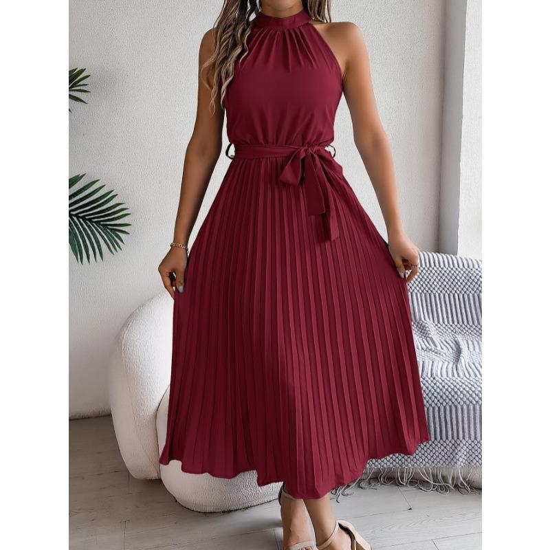 Sleeveless Summer Pleated A-line Dress Casual Solid Color Loose Party Lace-up Elegant Dresses Fashion Midi Sweet Stand Collar Holiday Clothing