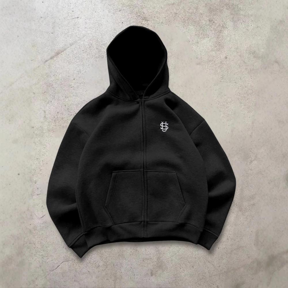 Y2K Buchstabenstickerei Reißverschluss Baggy Lässiger Hosenanzug Herren Harajuku Mode Damen Retro Hoodies Partner Pullover Unisex Trainingshosen L black