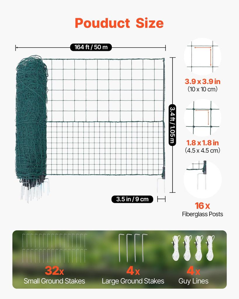 Temporärer Zaun mit Pfosten, 1,05 x 50m Kunststoff-Gitterzaun, Gartensicherheitszäune Netz mit Doppelspitz-Erdspießen & Spannseilen, Temporärer Zaun für