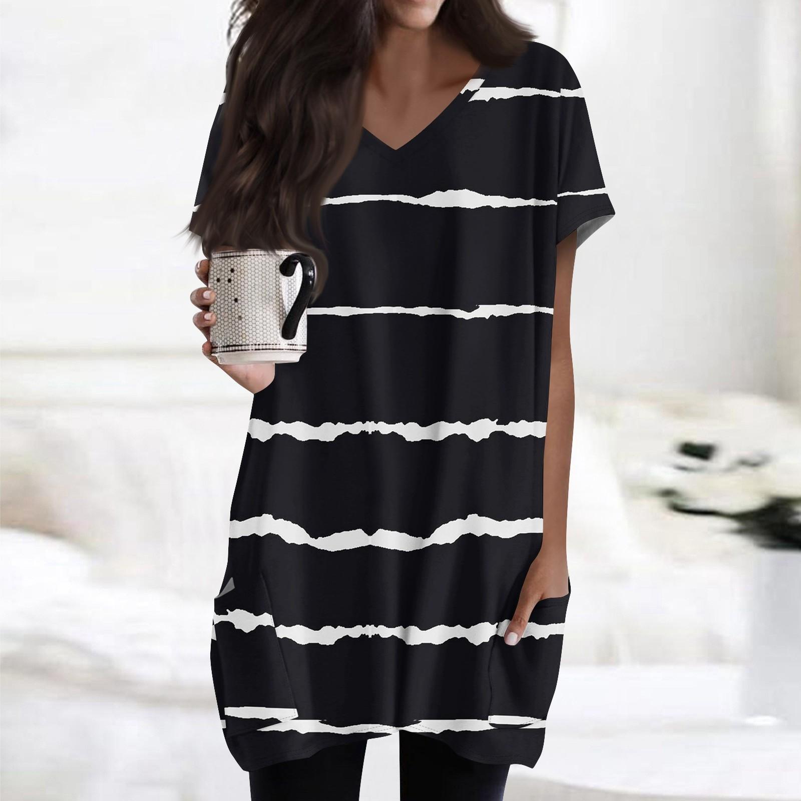 

Женские топы с V-образным вырезом, блузки с коротким рукавом, повседневные рубашки средней длины, модные туники с принтом и карманами M чёрный