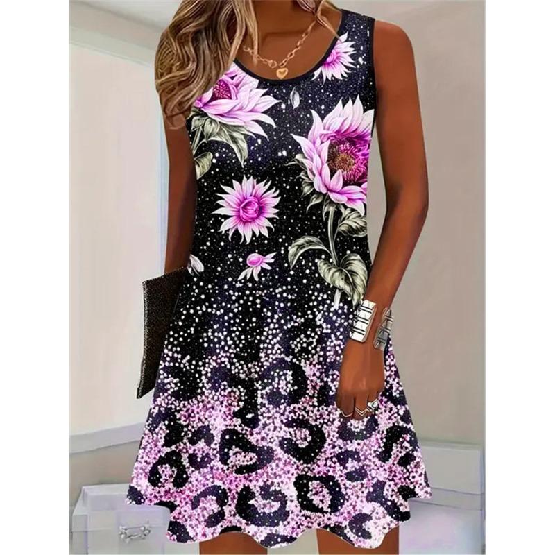 Sleeveless 3D Flower Printed Street Ladies Loose Dress