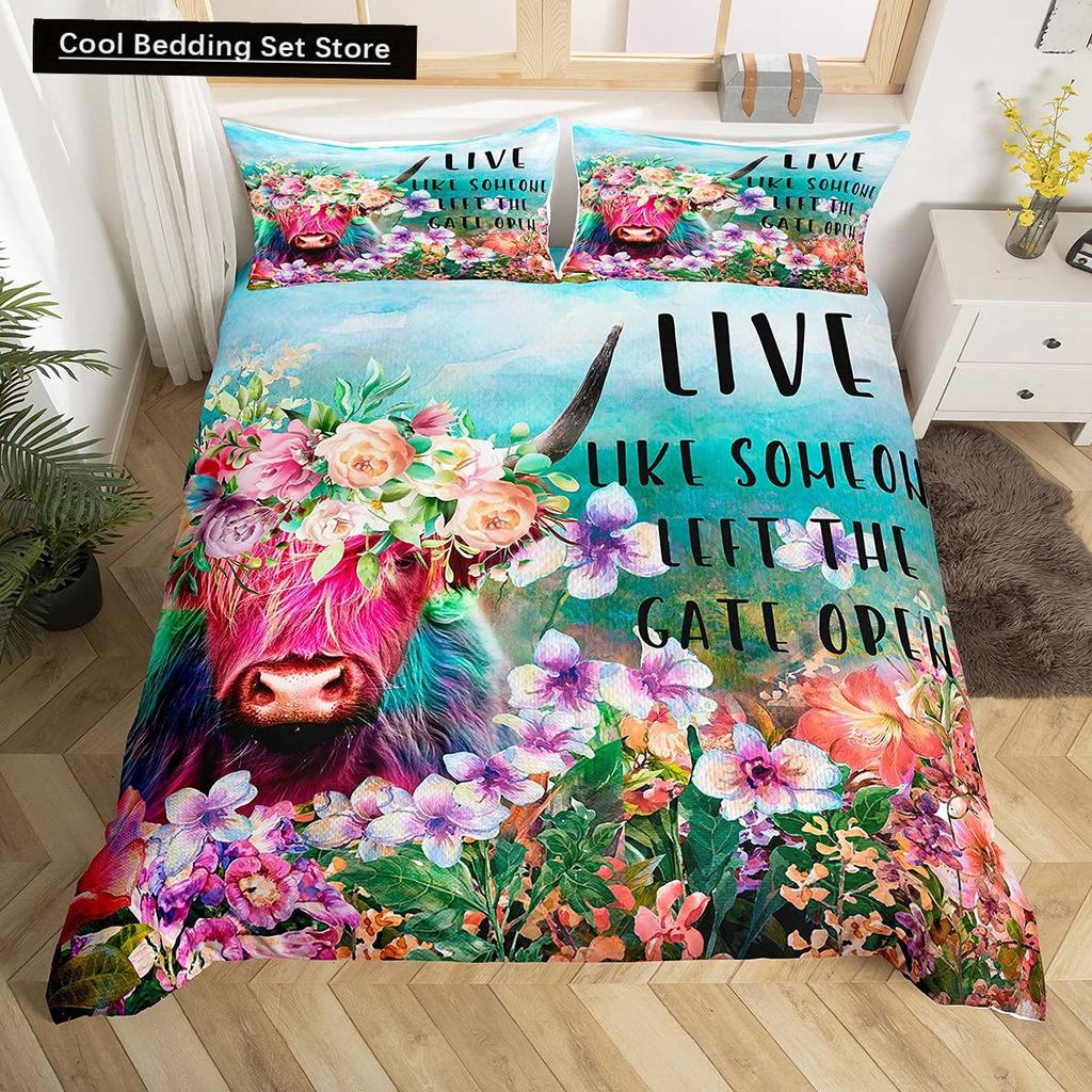 Comforter Cow Herd Pattern King Queen Bedding Set Highland Bull Farm Animal Dairy Cattle Comforter Polyester