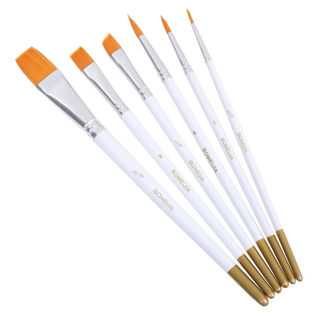 Six-Piece Nylon Hair Paintbrush Set with Pointed and Flat Heads for Acrylic, Watercolor, and Oil Painting - Pearlescent White